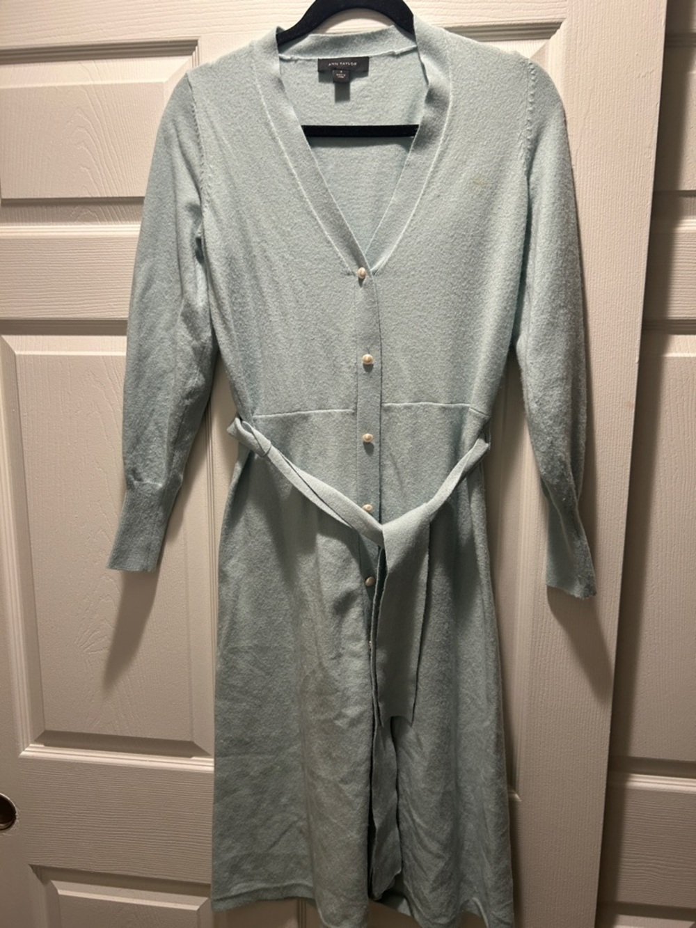 Ann Taylor Pale Sage Long-Sleeve Button Midi Dress with Belt